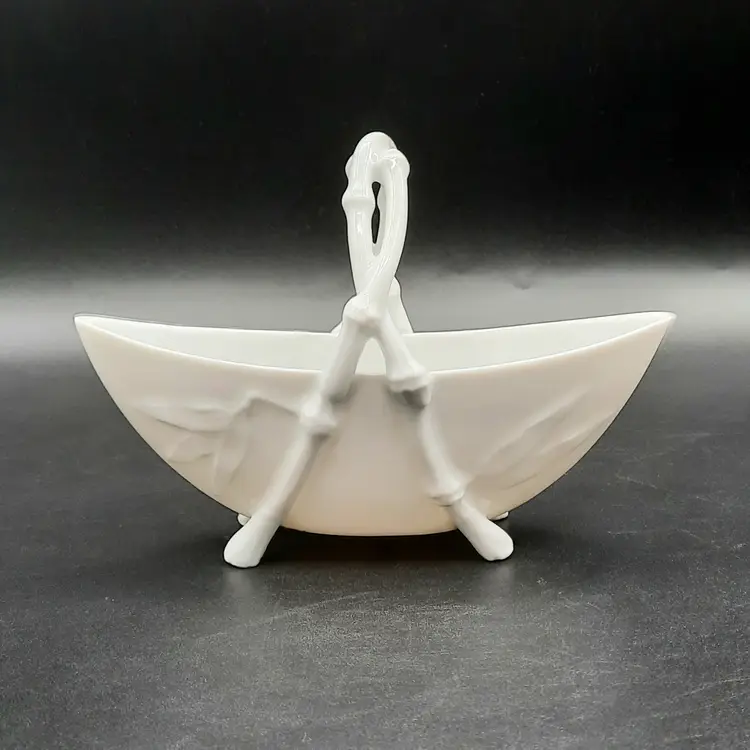 Vintage White Porcelain Oriental Bamboo Handle Basket Dish