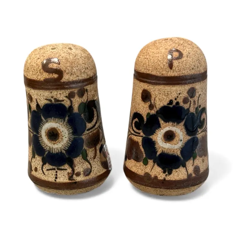 Vintage Tonala Folk Art Pottery Sandstone Floral Salt & Pepper Shakers