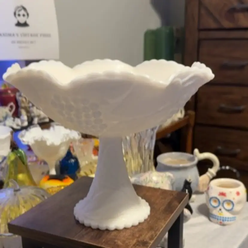 Vintage Milk Glass Large Pedestal Bowl 10 in