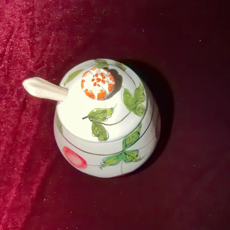 A Charming Vintage, Made in Italy Ceramic Jam Preserve Lidded Jar Pot Hand Painted Cherries W/ Ceramic Spoon