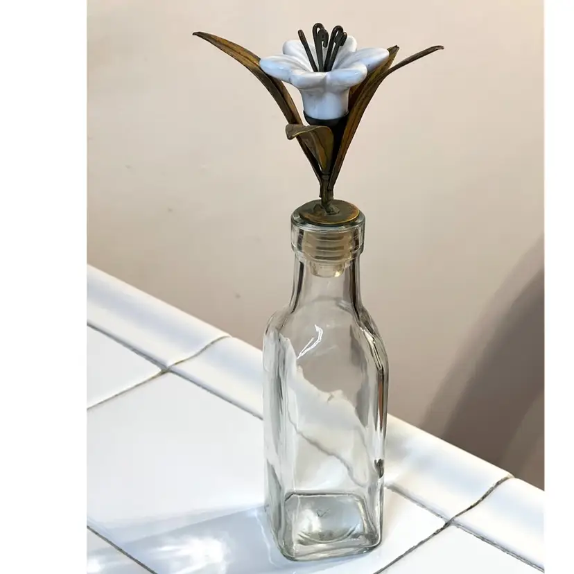 Clear Glass Home Decor Bottle Toleware Brass White Porcelain Lily Flower Top 9.5 in Height