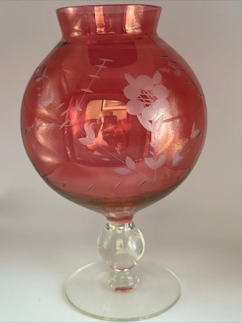 Vtg 8" Pedestal Cranberry Glass Rose Bowl Vase-Compote- Etched Flower