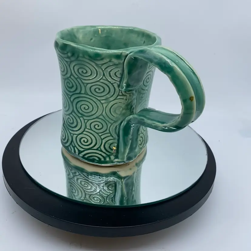 #1701 Coffee Mug Handmade Green With Swirls And Large Handle