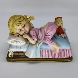 Vtg Ceramic Sleeping Girl Music Box Made in Japan