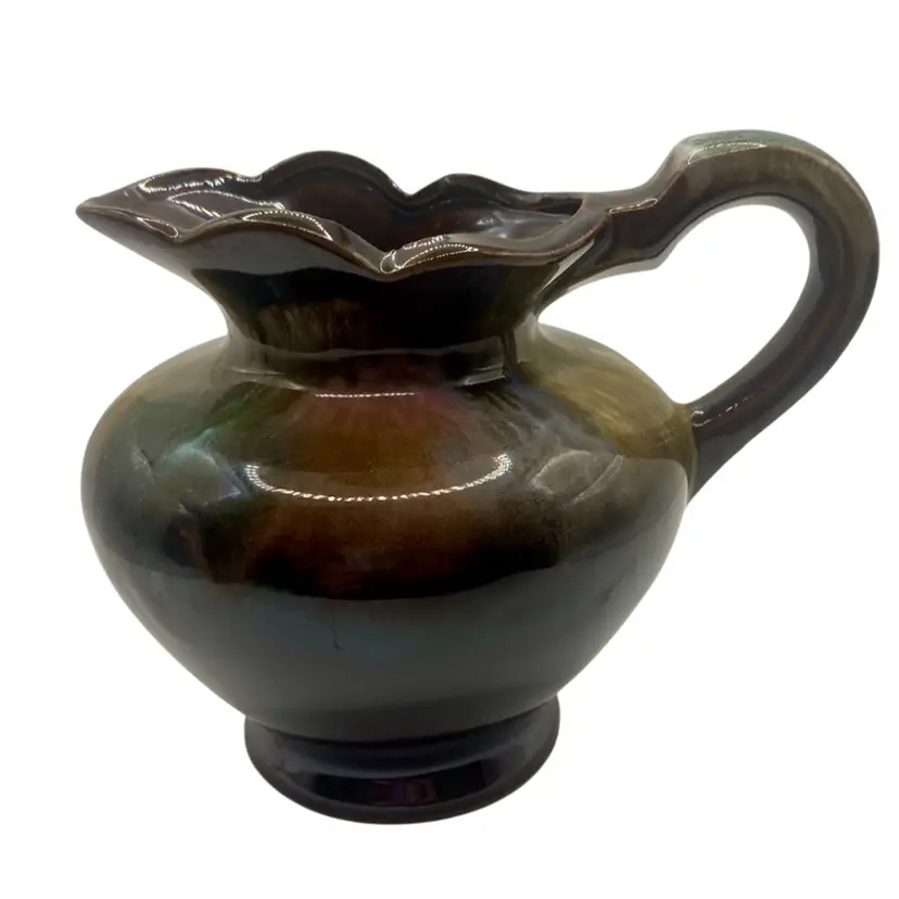Vintage Brinn's Japanese Brown Scalloped Pitcher with Rainbow Colors Drip Glaze