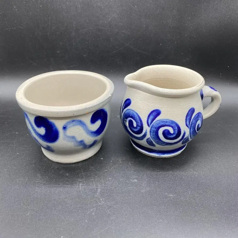 #1820 Dutch Salt Glaze Hand Made Pottery Sugar Bowl and Creamer Vintage