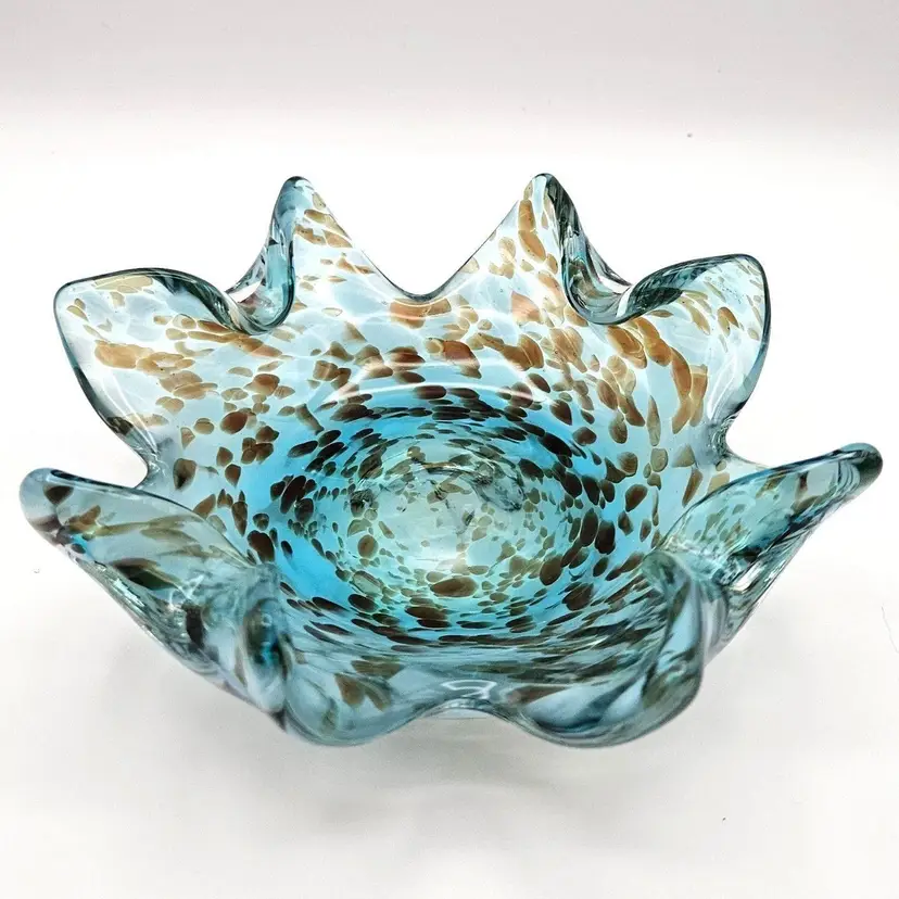 Art Glass Ruffle Bowl Dish Robin Egg Blue Aqua Brown Splatters Murano-like Star Fish Shape