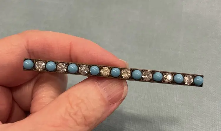 Victorian Turquoise Glass Rhinestones Antique Bar Pin Brooch Gold Tone Brass ?