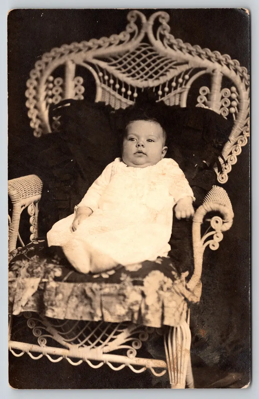 Postcard RPPC Child in White Gown Sitting on Elaborate Chair Real Photo -  9332