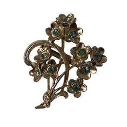 Vintage Silvertone Bouquet Brooch With Blue Rhinestones