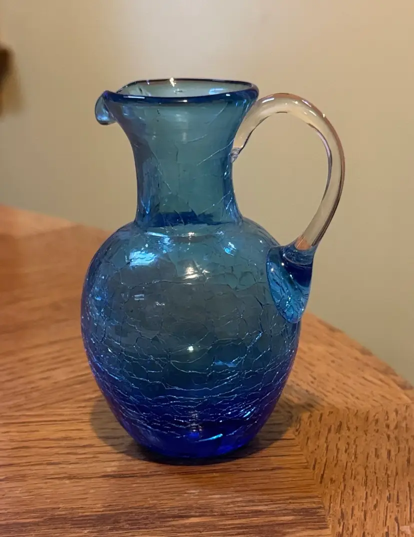 Blue crackle glass pitcher hand-blown small 4.5 inches tall applied clear handle
