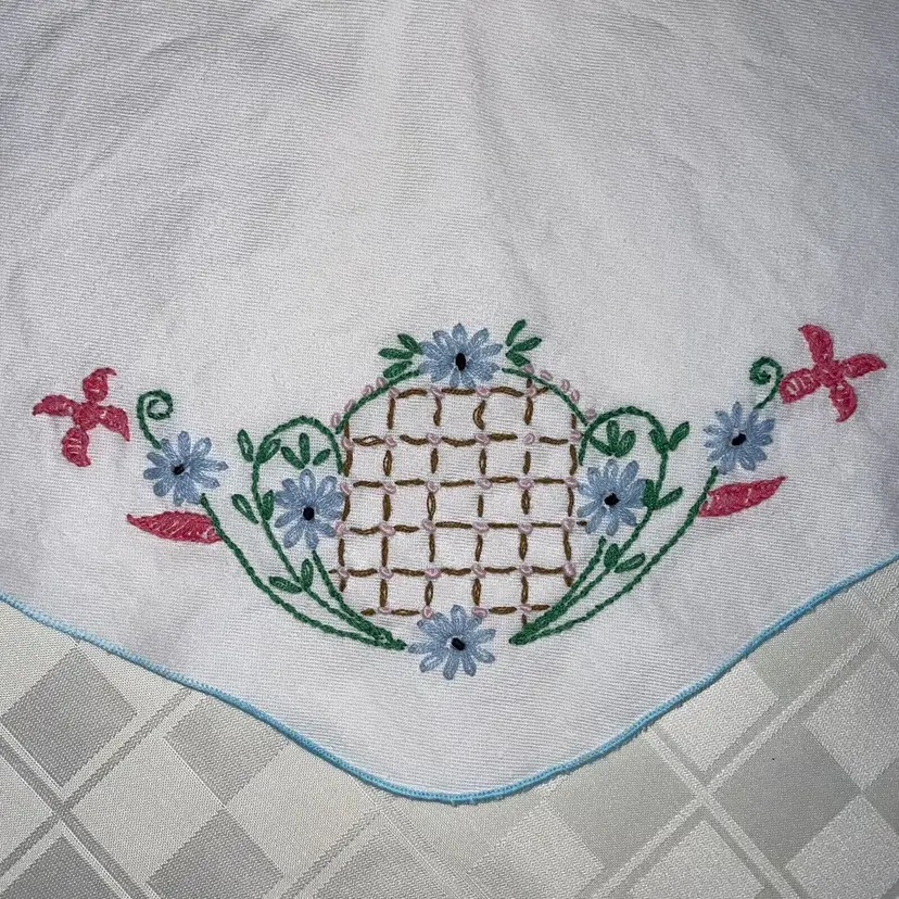 Vintage Embroidery Round Doily Dresser Scarf Blue trim with Flowers 16x17 In