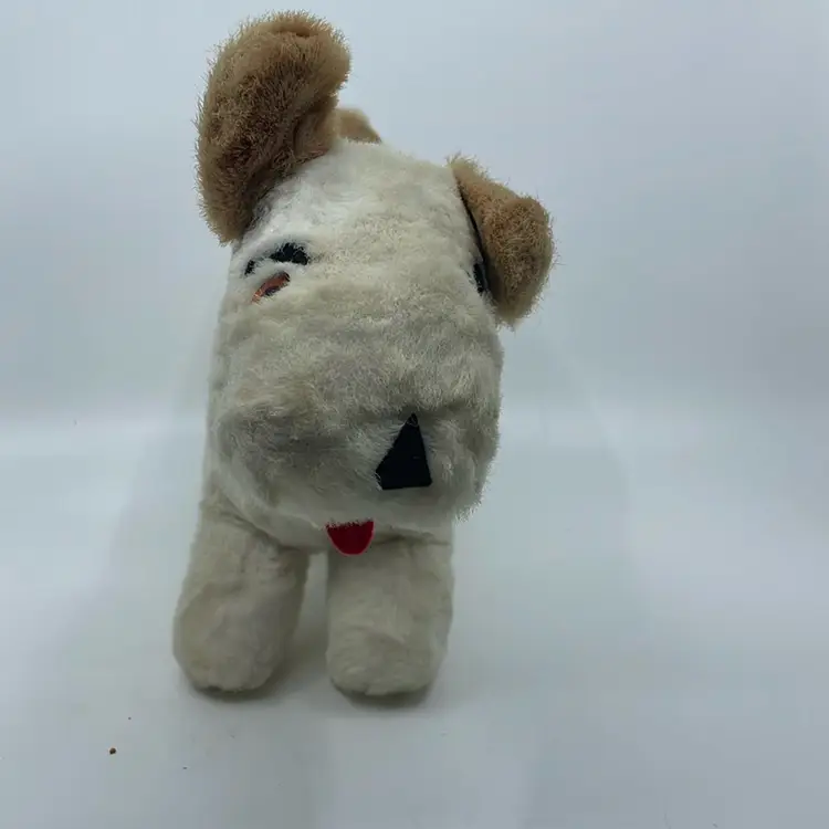 Vintage Plush Stuffed Terrier Dog, White And Tan, Red Plastic Collar, 9 1/2” Tall