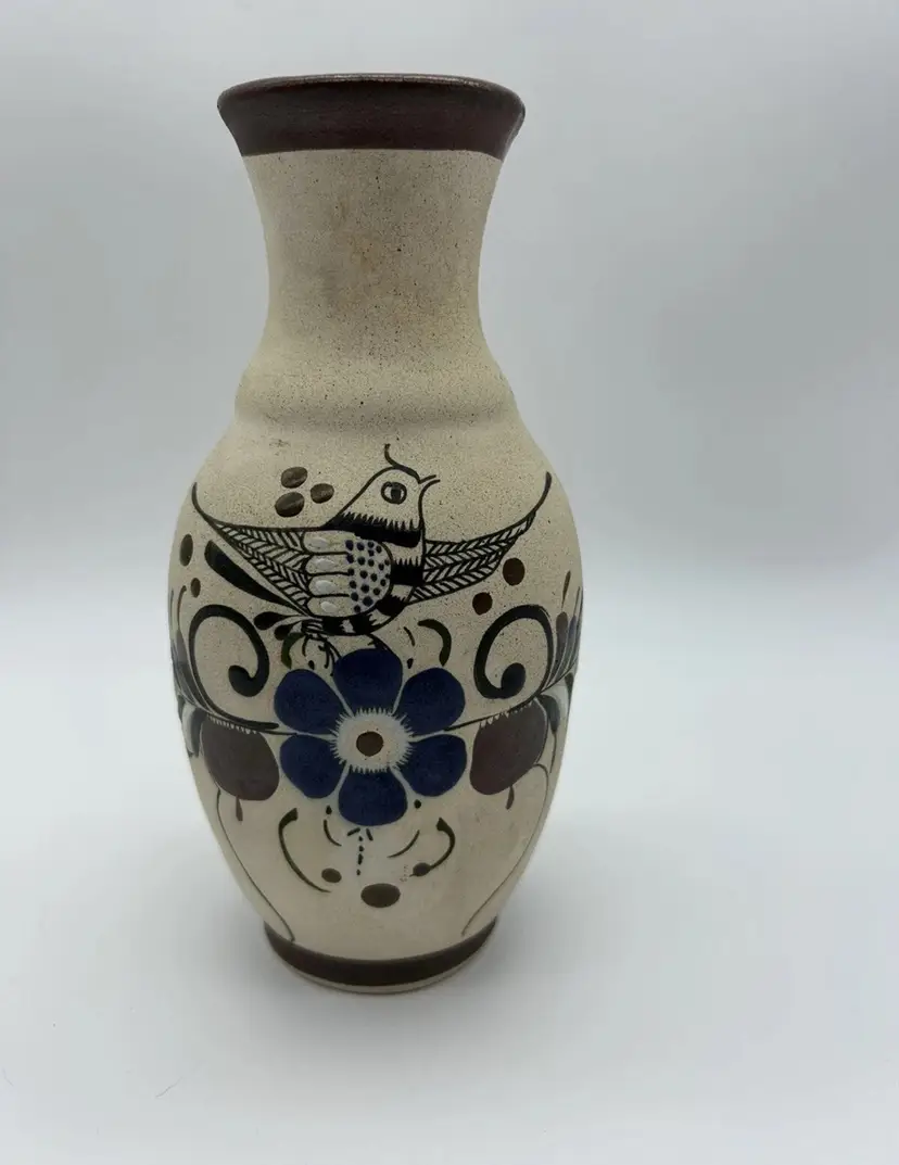 Vintage Tonala Mexican Folk Art Pottery Vase Bird Flower SIGNED Handmade 10"
