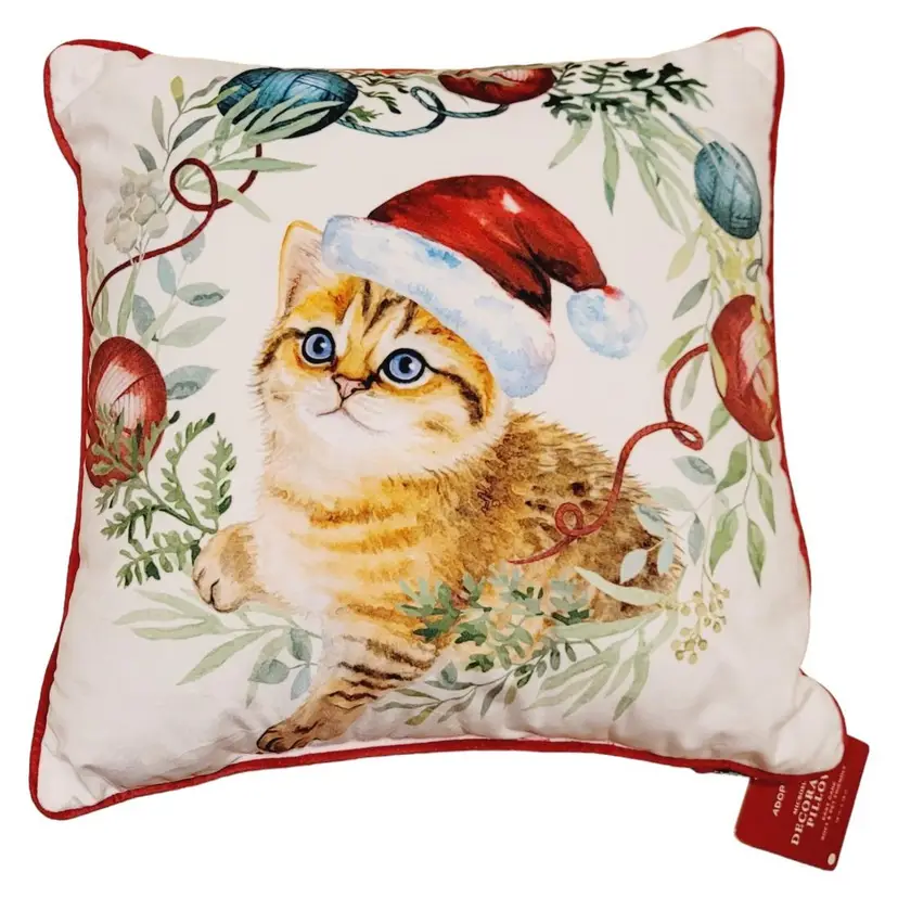 Vintage NWT Microsuede Throw Pillow Christmas Cat Wearing Santa Hat 18x18
