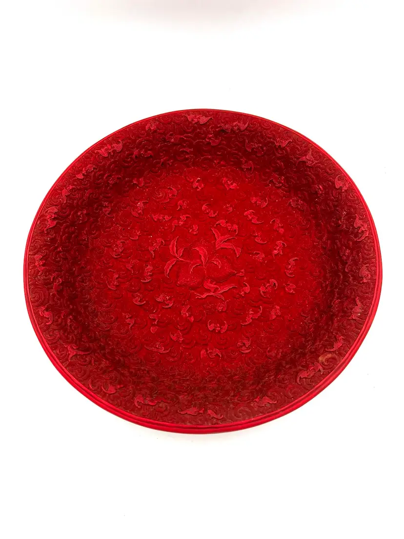 Stunning Antique Elaborate Cinnabar Lacquer Wufu Bat Bowl