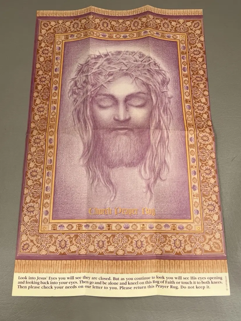 Vintage Paper Church Prayer Rug Jesus Eyes Open Illusion 11x17 Religious Pray Folded Mailer