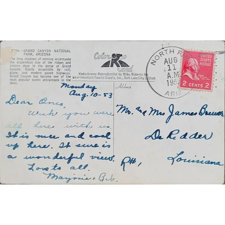 Grand Canyon National Park Vintage Color Chrome Photo Postcard c1950s Posted And Cancelled With US Stamp