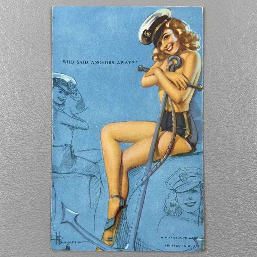 Vintage Mutoscope Card Pin-up Girl Who Said Anchors Away Sailor Navy Cheesecake Art