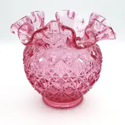#09 - Fenton Glass Diamond & Fan Pattern Rose Bowl / Vase, 4 1/2” Tall Raspberry