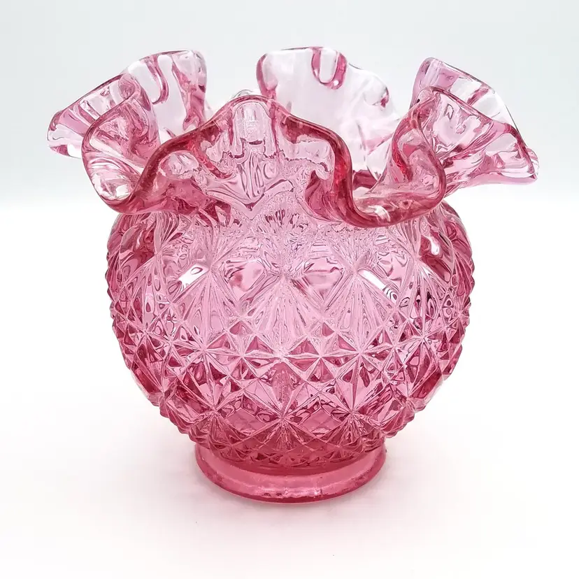 #009 - Fenton Glass Diamond & Fan Pattern Rose Bowl / Vase, 4 1/2” Tall Raspberry