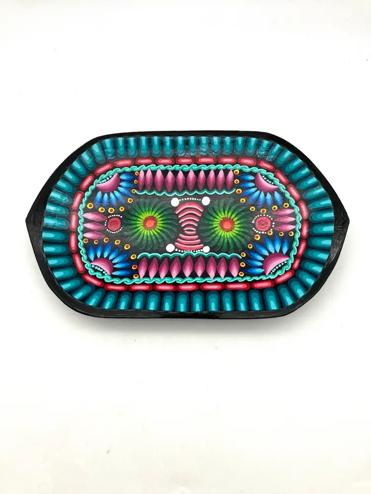 BIN - Tigua Ecuador Folk Art Wooden Tray Or Trinket Dish 8”