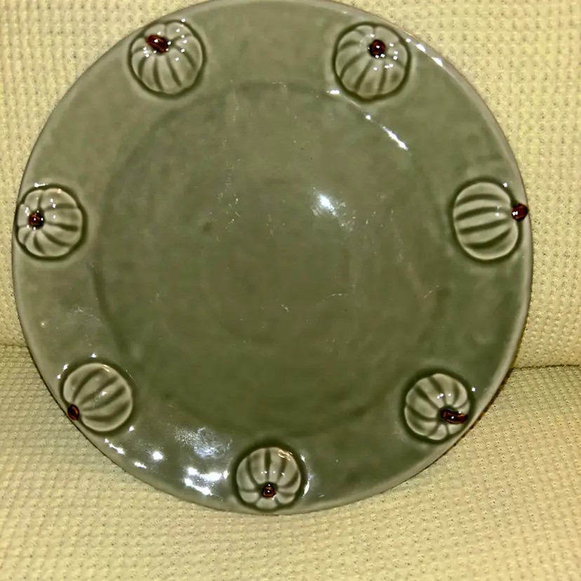 Sage Green Ceramic Plate With Embossed Pumpkins