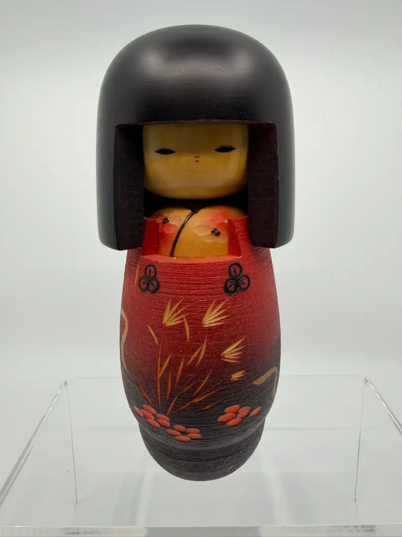 Vintage Red Wooden "Michiyuki" Japanese Kokeshi Doll - Masai/Shoei Fujikawa 7.25”