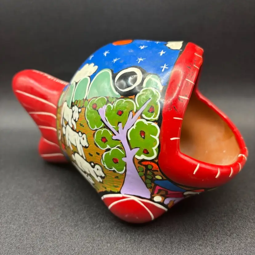 Mexican Folk Art Pottery Wide Mouth  Hand Painted Red  Fish