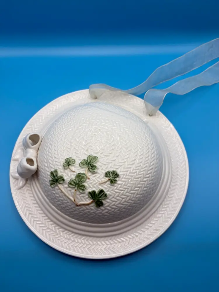 Wonderful White Ceramic Wall Pocket Hat with Green Clover Design