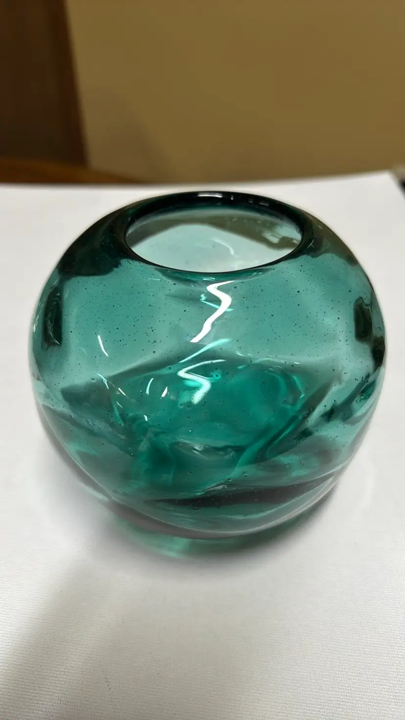 Hand blown vase teal green spherical optic 5” tall