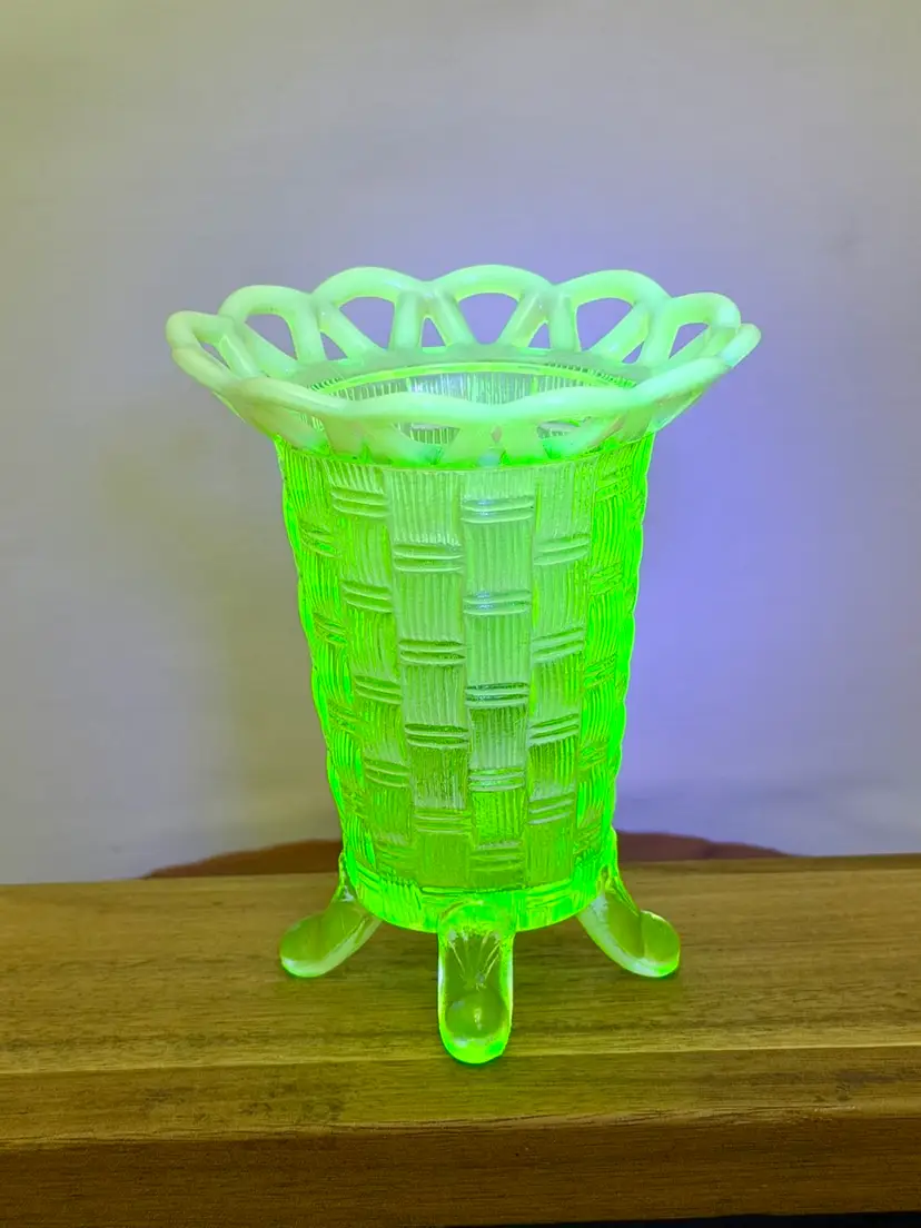 Fenton Uranium Glass Basket Weave Footed Hat Pin Holder Vase - GLOWER!!