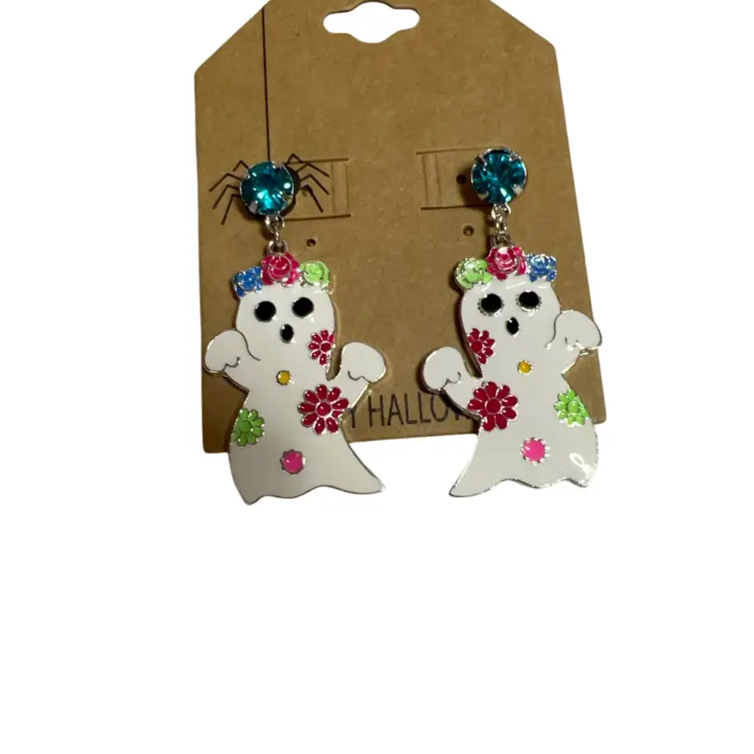 Boo Ghost Enamel & Rhinestone Earrings 2”