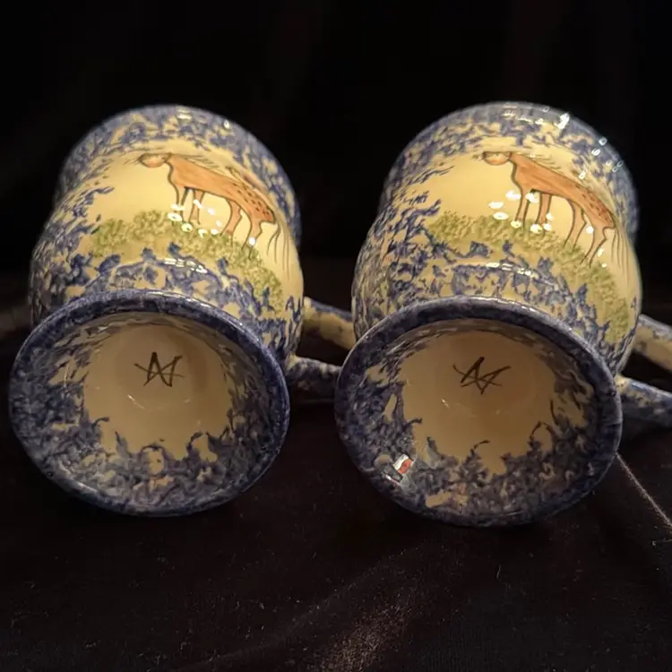 A Vintage pair of Molly Dallas Spatterwsre 8 Oz. Coffee mugs, Horses & Roosters Pattern In Blue.