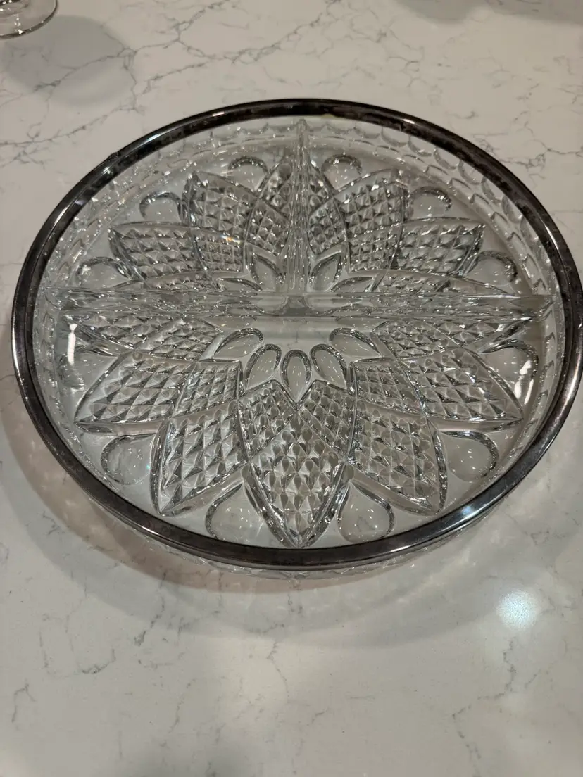 Vintage Serving Dish With Silver Rim And Three Sections