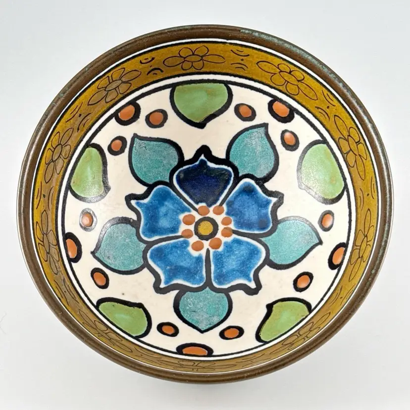 Antique Dutch Zuid-Holland Gouda Pottery, Art Deco "Sydney" Floral 6" Hand-Painted Earthenware Bowl