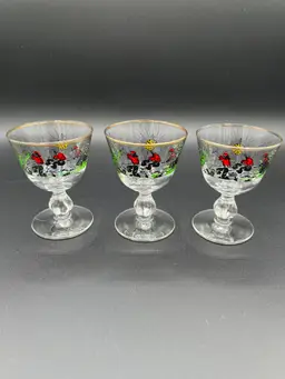 3 Vtg Libbey Liquor Cocktail Blown Glasses Treasure Island Gold Trim 4"