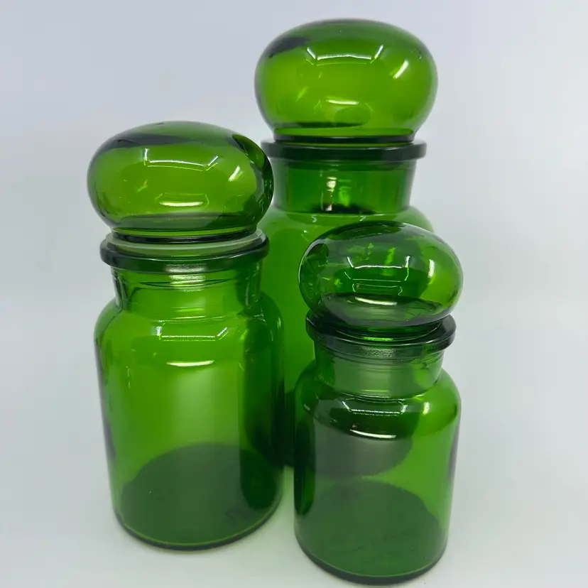 Vintage Belgium Green Apothecary Jars with Bubble Lid Set/3