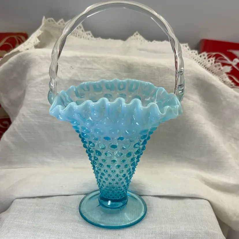 Fenton Blue Opalescent Aqua Hobnail Art Glass | 9" Rectangle Footed Basket