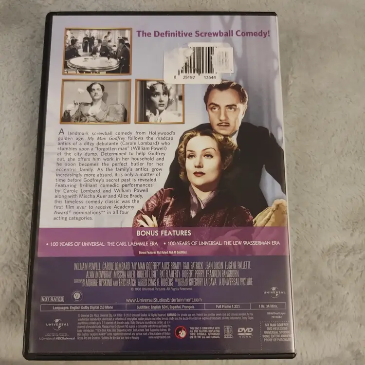 DVD. My Man Godfrey. William Powell and Carole Lombard. Used.