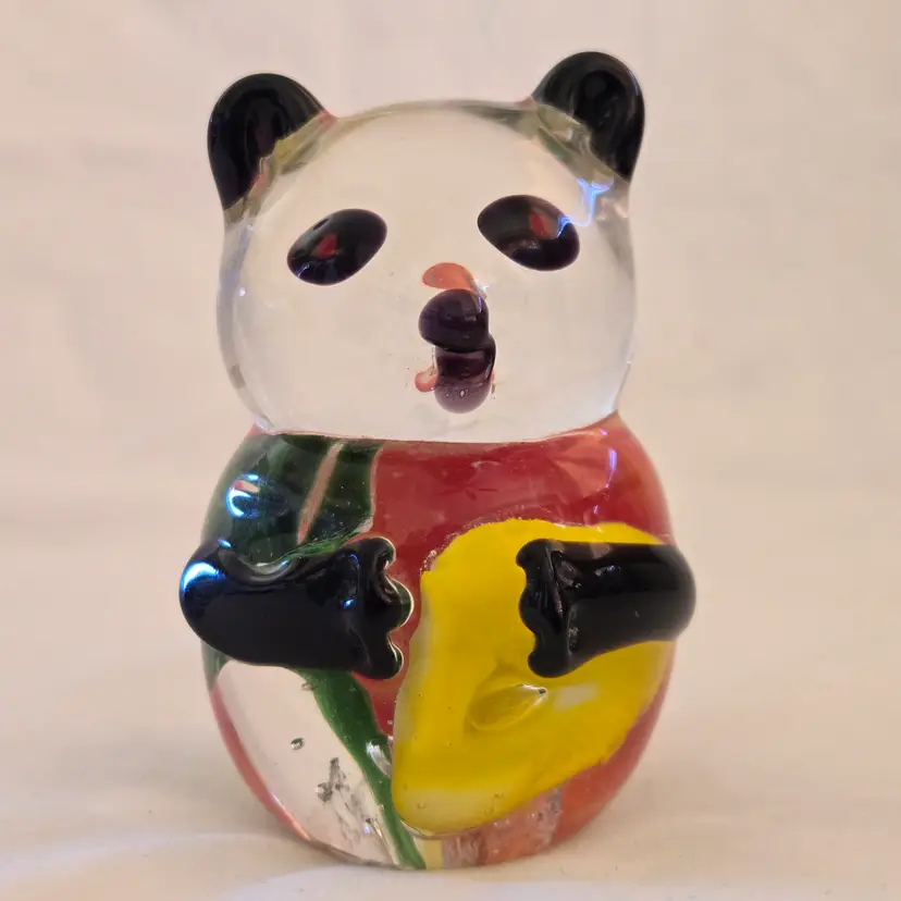Art Glass PANDA Bear Paperweight  Floral  Bubbles Rough Pontil Unbranded Vintage