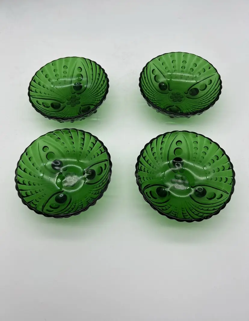 Anchor Hocking Bubble Pattern Bowls Emerald Green Glass 1950s Set of 4 Rare