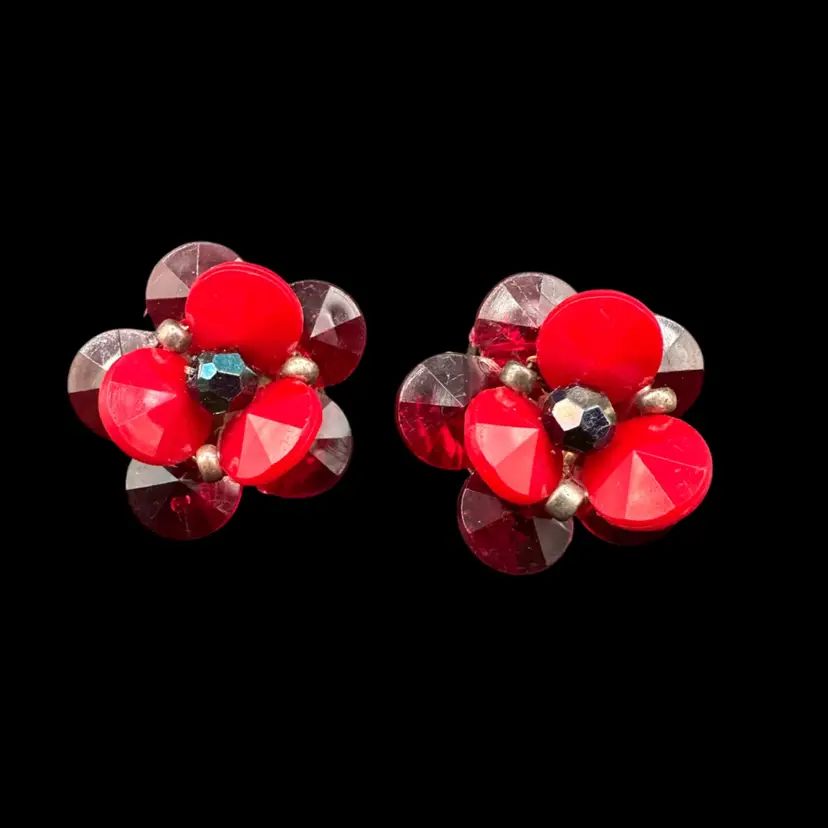 Stunning Vintage Red Floral Acrylic Clip-on Earrings, Marked Made In West Germany
