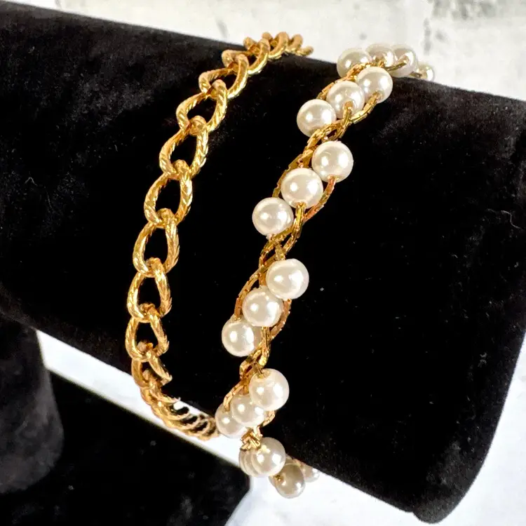Pair of Vintage Gold Tone Bracelets - Napier Faux Pearl & Simple Charm Chain