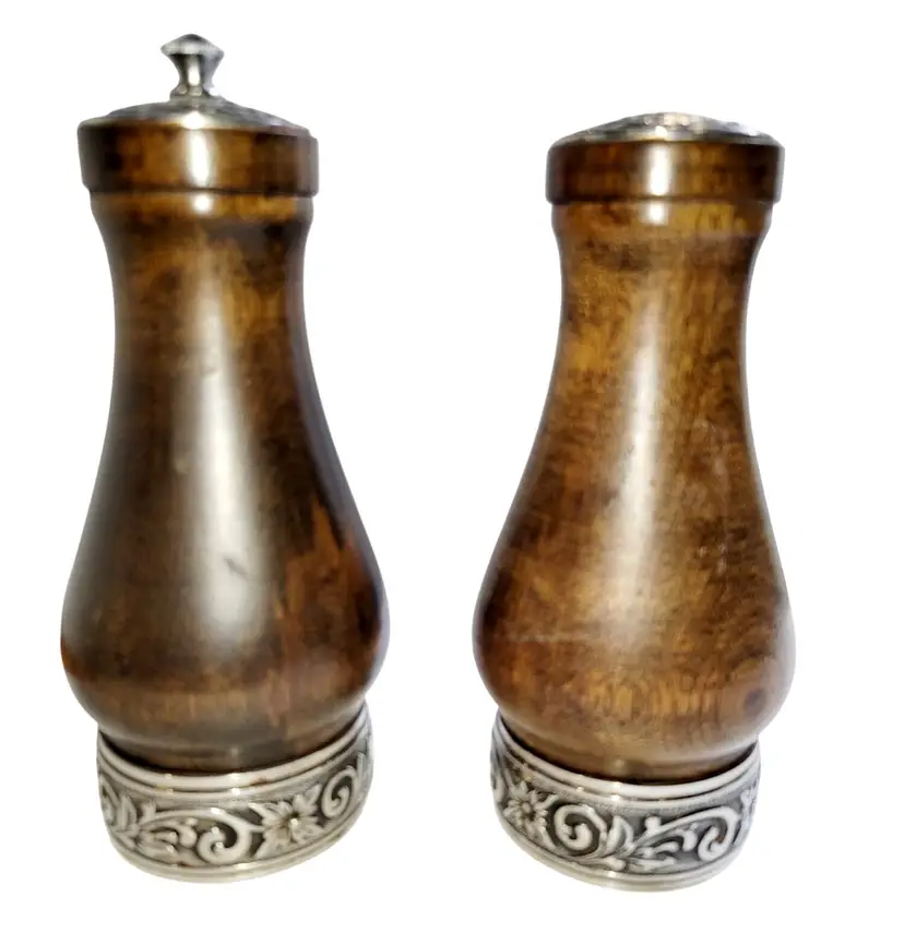 Vintage International Silver Salt and Pepper Mill Wood Stainless Steel Japan