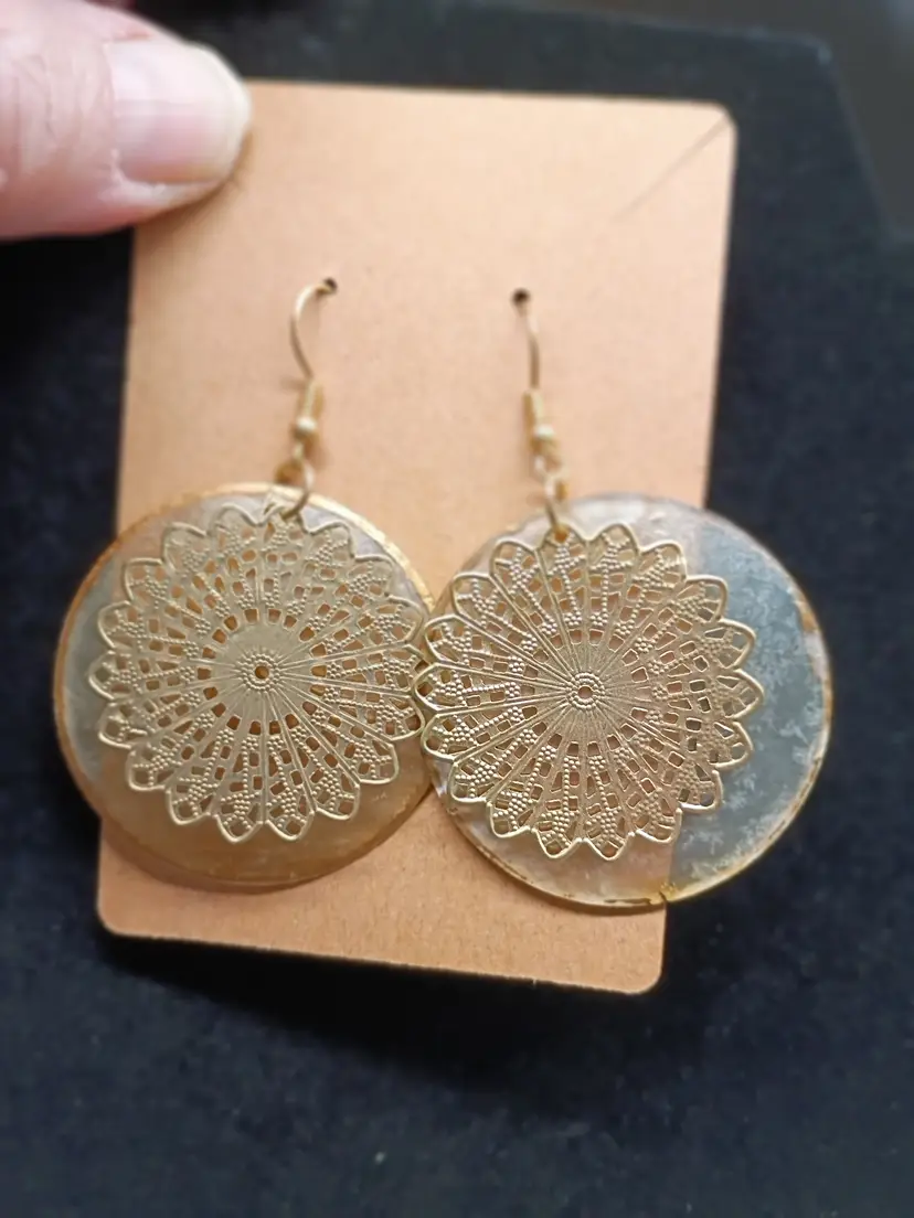 Lightweight Brass Mandala and Capiz Shell French Wire Dangle Drop Earrings