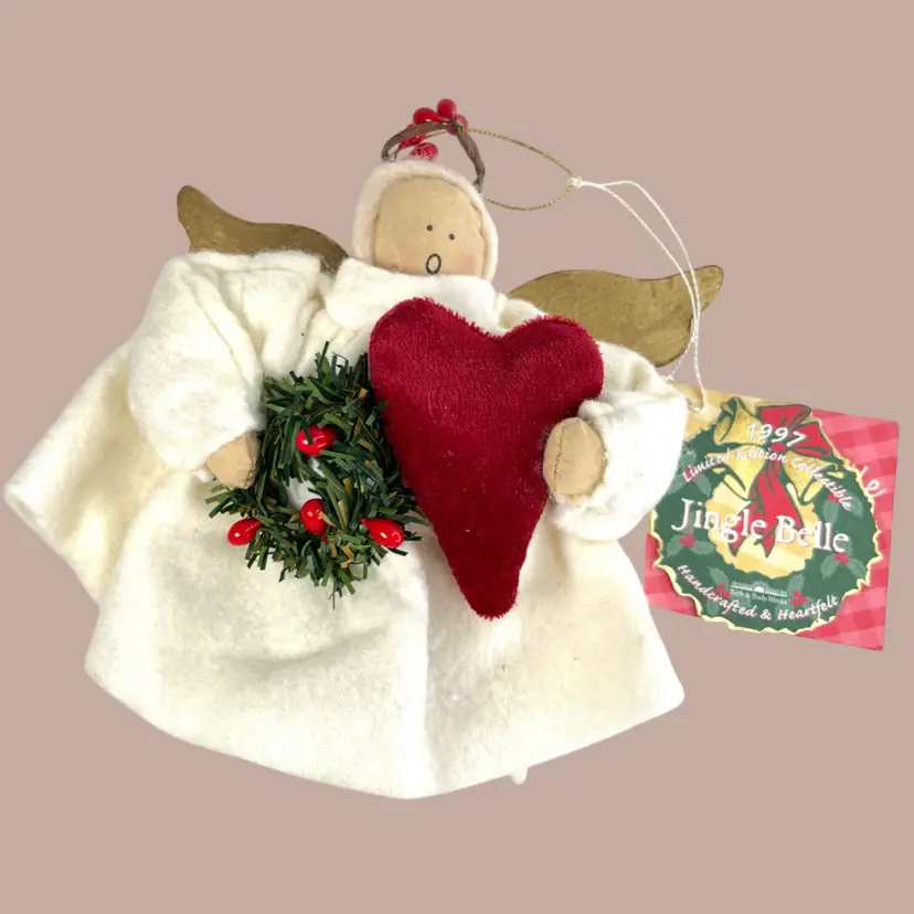 Angel 1997 Bath & Body Works. Handcrafted Felt With Original Tag. Carrying A Heart & Christmas Wreath.