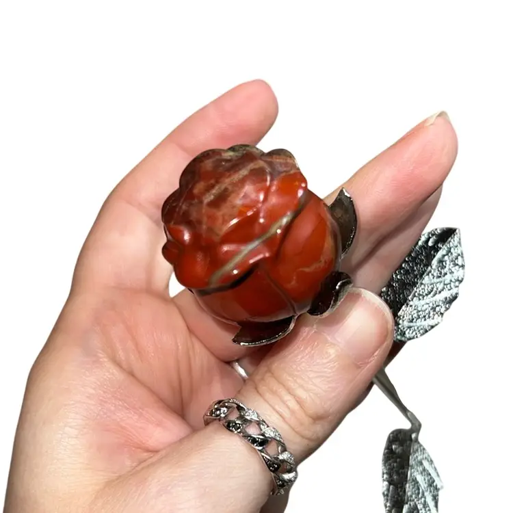 Carved Red Jasper Rose Metal Branch 8”