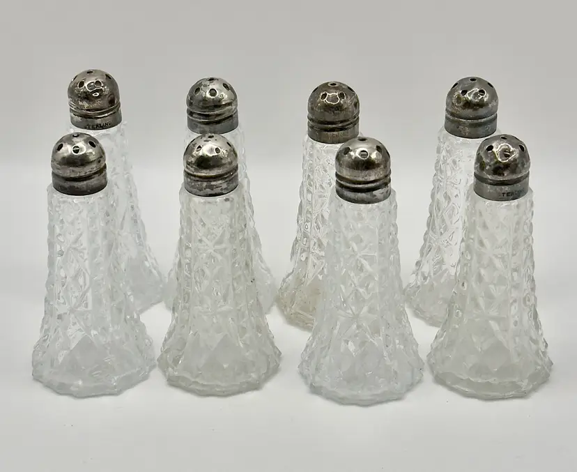 Vintage 1900-1919’s Hand Blown Glass Salt & Pepper Shakers with Sterling Lids, Set of 8, By American Brilliance, Made In Baltimore, Maryland, Set #1