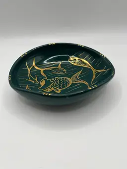 Trinket Dish Bowl Redware Ceramic Hand Painted Fish Green Gold